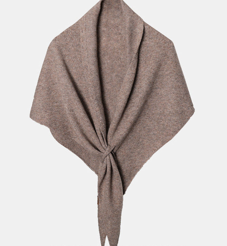 Women’s cashmere triangle scarf, taupe-brown knit with tied center knot