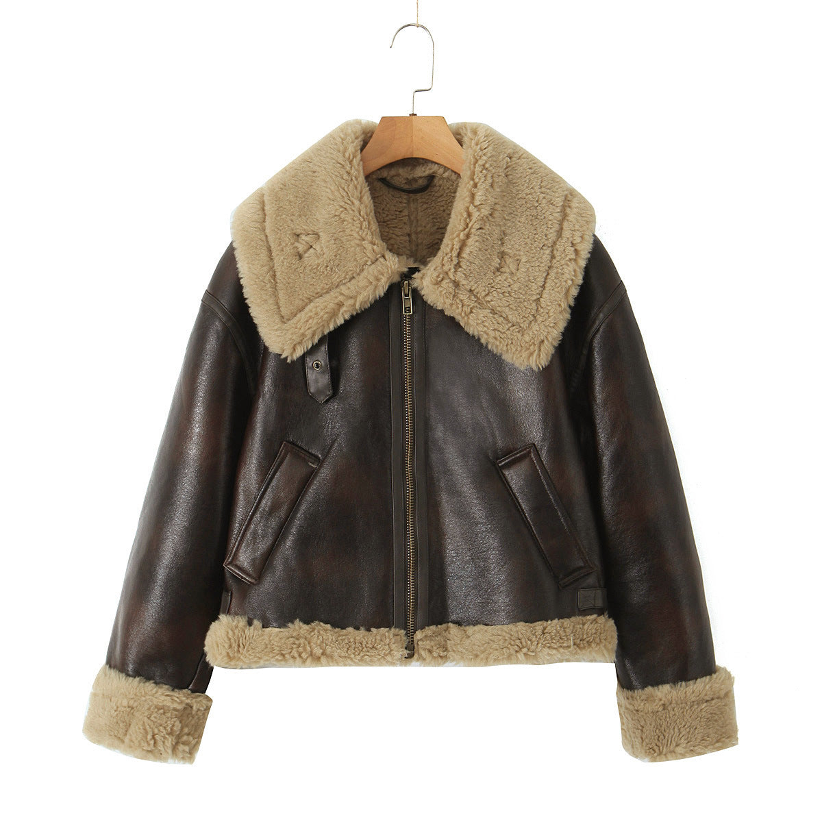 Cropped aviator jacket with dark brown faux leather, shearling collar, zip and pockets
