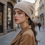 Women’s knitted beanie hat in beige, folded cuff and soft knit texture.