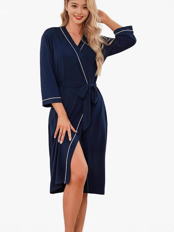 Lightweight wrap kimono robe in navy with contrast trim, V-neck, tied waist belt and side slit