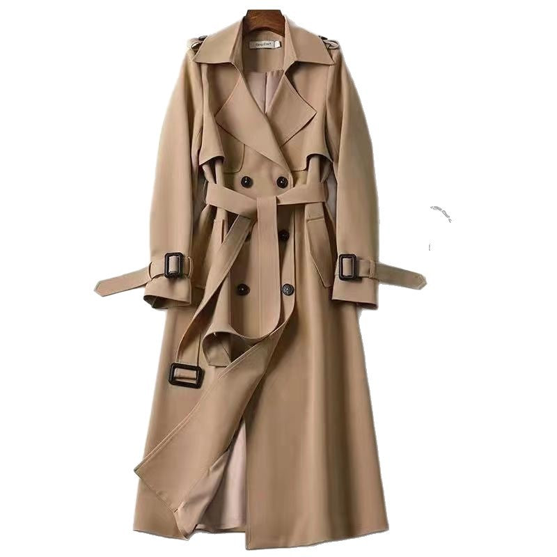 Khaki trench coat front view with belt tie, storm flap, and double-breasted buttons