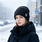 Black ribbed knit beanie with fleece lining and logo patch