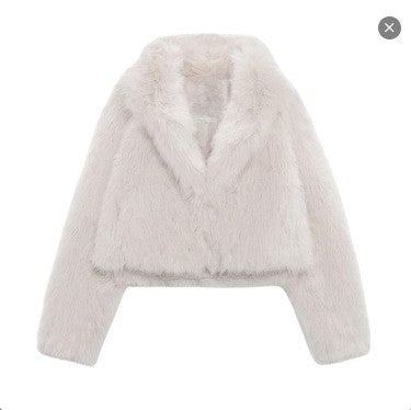 Cropped faux fur jacket with shawl collar, white, front view