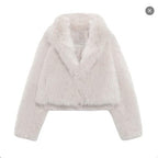 Cropped faux fur jacket with shawl collar, white, front view