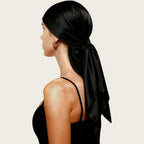 Black satin head scarf, large square wrap tied at the back with loose ends