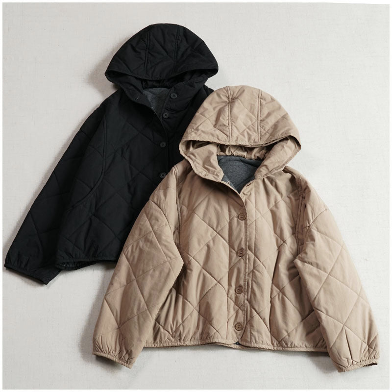 Women’s quilted hooded cropped jacket, black with button front and diamond stitching
