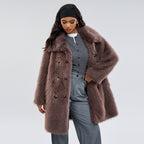 Taupe-brown faux fur coat, wide collar, double-breasted buttons, draped belt at waist