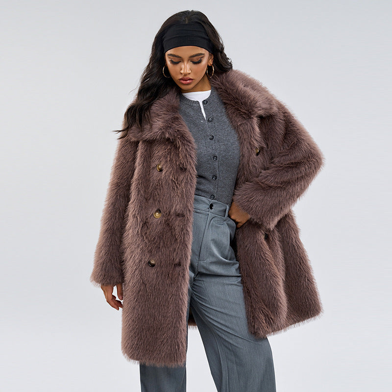 Taupe-brown faux fur coat, wide collar, double-breasted buttons, draped belt at waist
