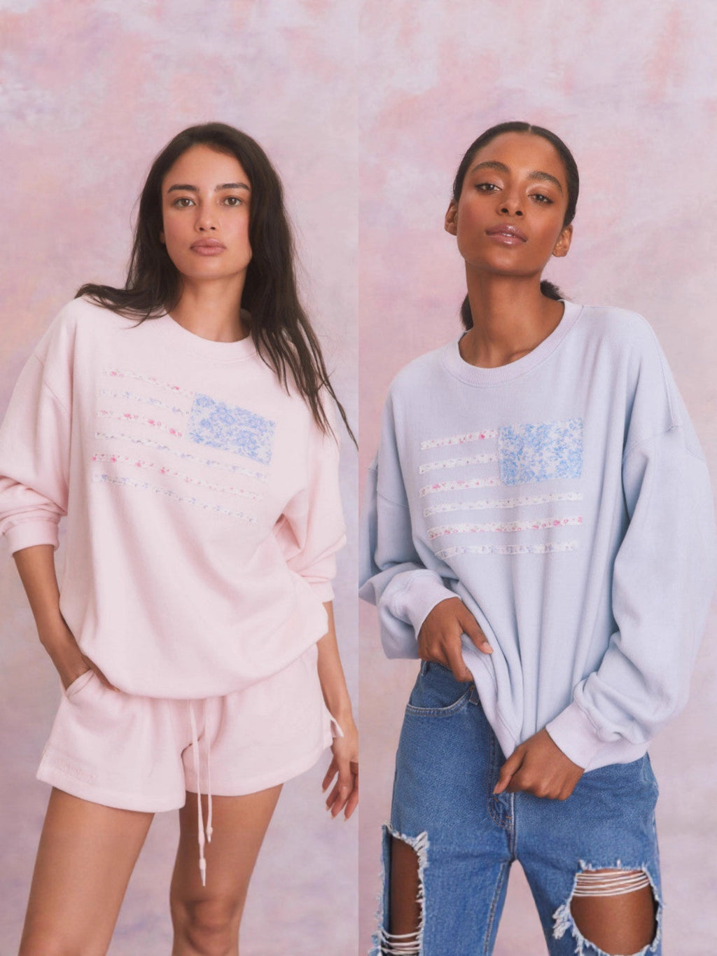 Pink oversized crewneck sweatshirt with floral American flag graphic, soft fleece