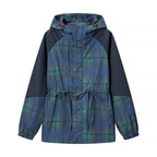 Navy plaid hooded windbreaker jacket with drawstring waist and front zipper