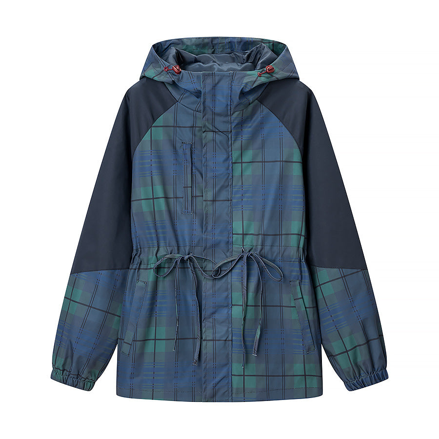Navy plaid hooded windbreaker jacket with drawstring waist and front zipper
