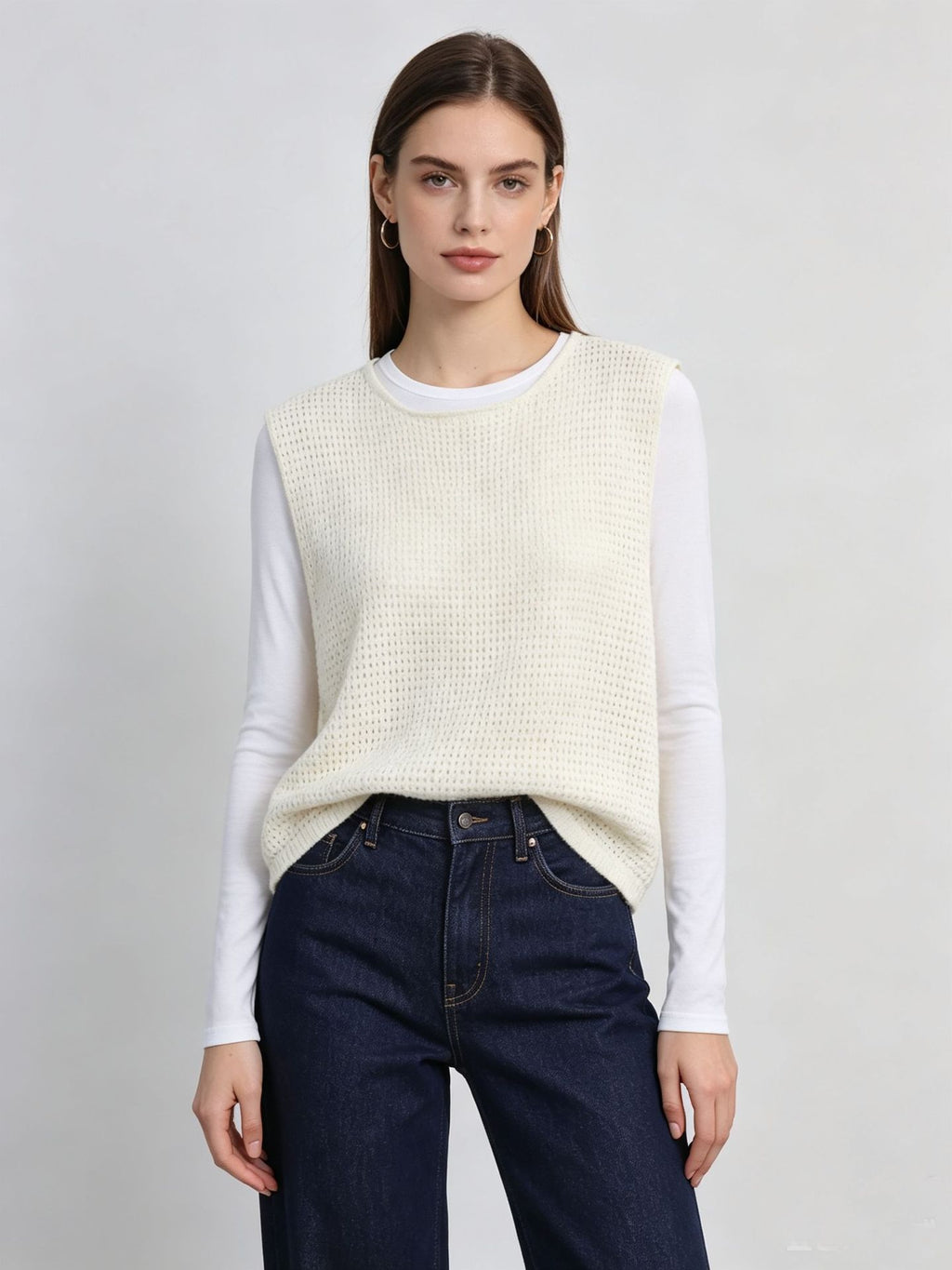 Women’s off-white hollow-out lightweight knit sleeveless vest with round neck