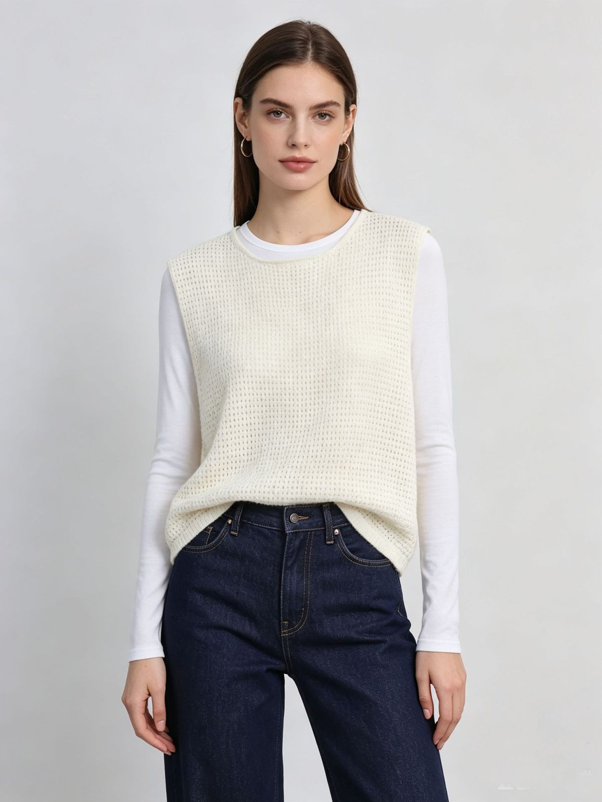 Women’s off-white hollow-out lightweight knit sleeveless vest with round neck