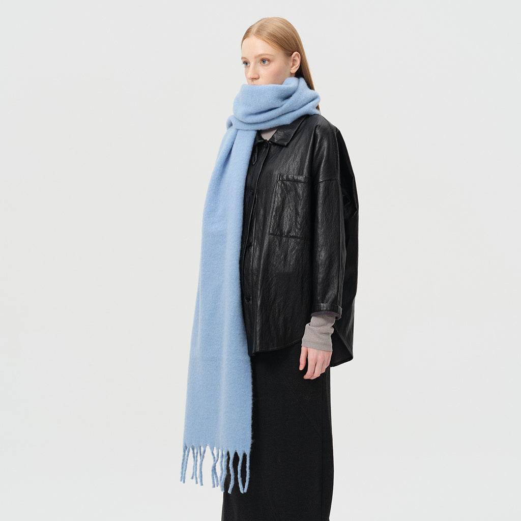 Wool blend fringe scarf, light blue oversized blanket style with long tassel ends