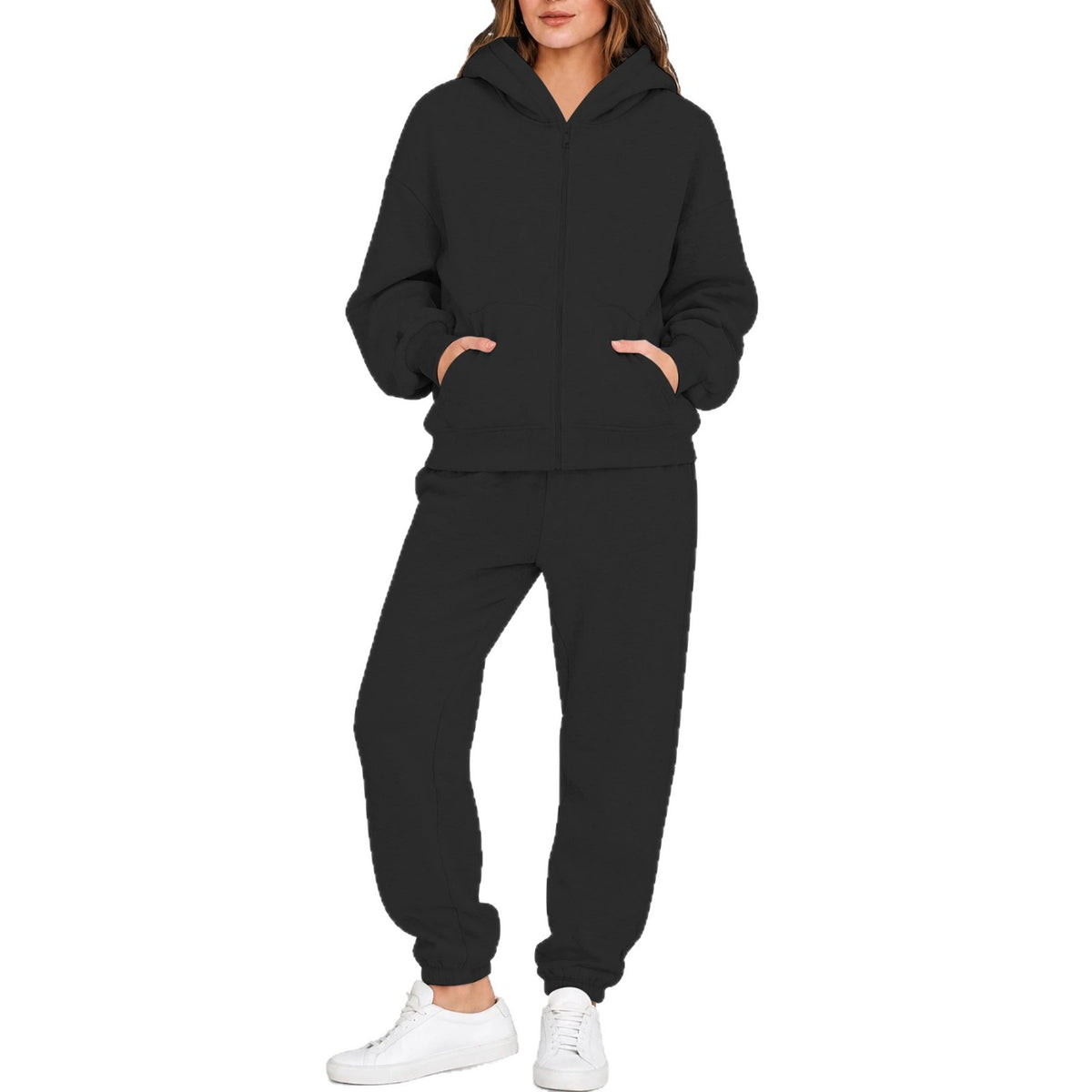 Women's zip-up hoodie and drawstring jogger sweatpants set, black, front view