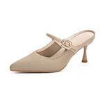 Beige pointed-toe Mary Jane mule with stiletto heel and buckle strap, knit texture
