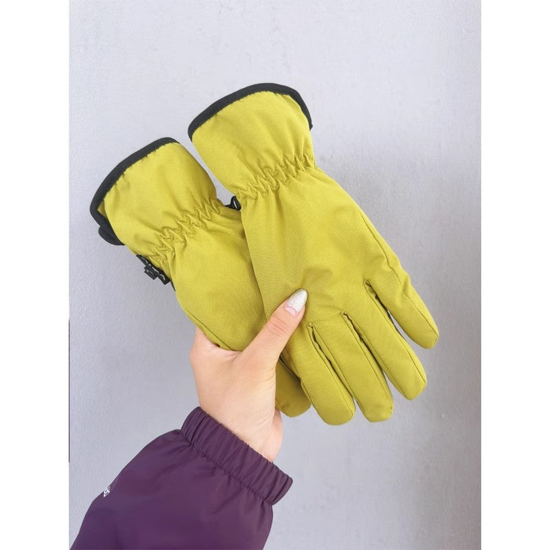 Yellow insulated ski gloves with black cuff trim and stitched fingertips