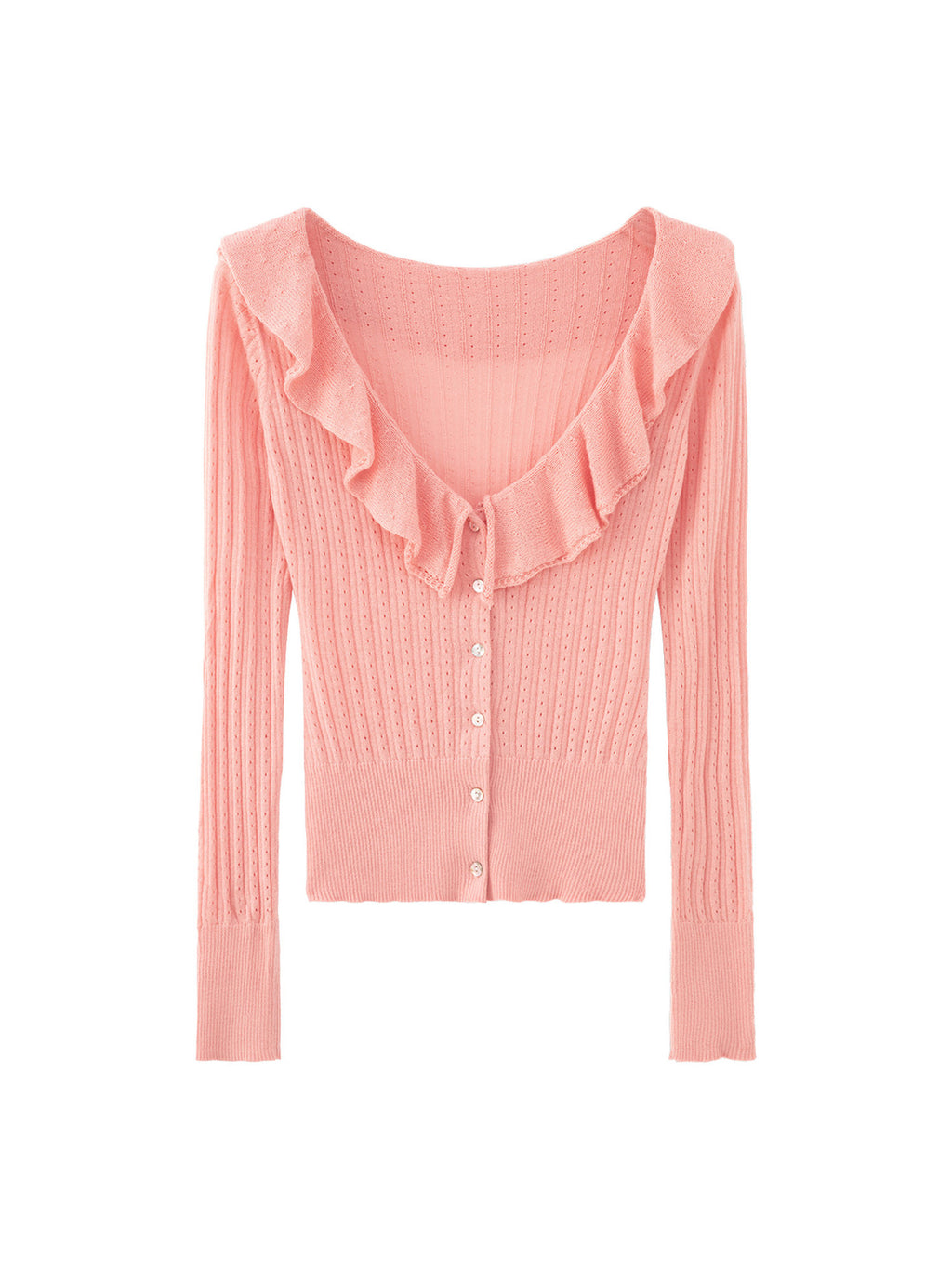 Pink pointelle knit cardigan with ruffle V-neck collar and button front, long sleeves
