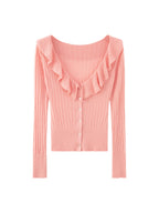 Pink pointelle knit cardigan with ruffle V-neck collar and button front, long sleeves