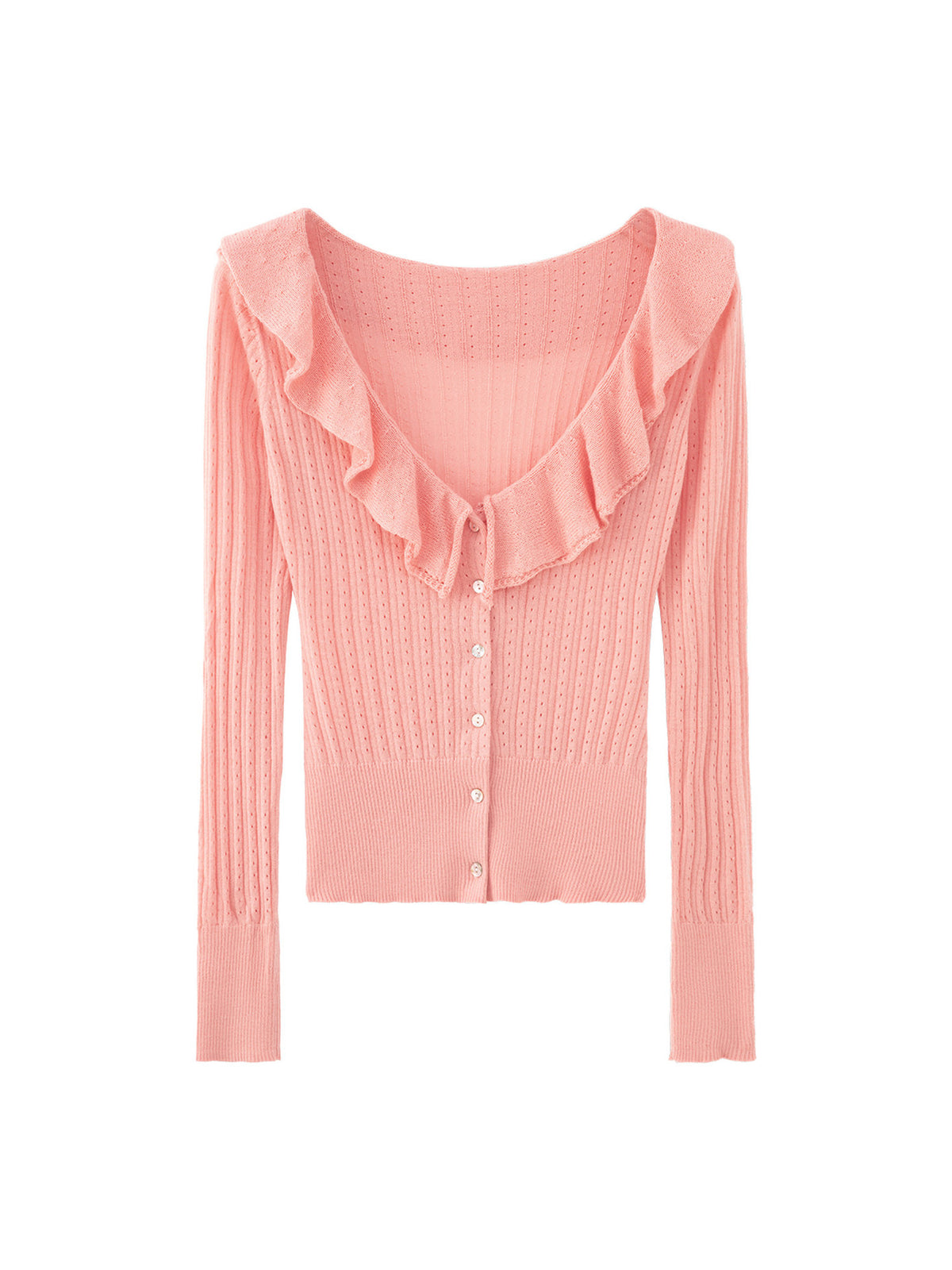 Pink pointelle knit cardigan with ruffle V-neck collar and button front, long sleeves