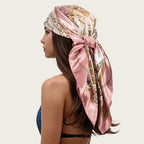 Pink satin square scarf head wrap with gold and cream paisley and chain links