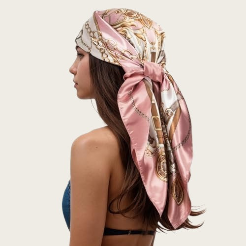 Pink satin square scarf head wrap with gold and cream paisley and chain links
