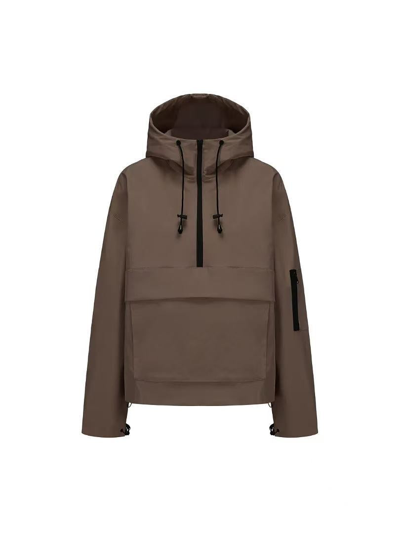 Brown hooded half-zip anorak jacket in nylon with kangaroo pocket