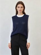 Women’s navy hollow-out lightweight knit sleeveless vest with round neck