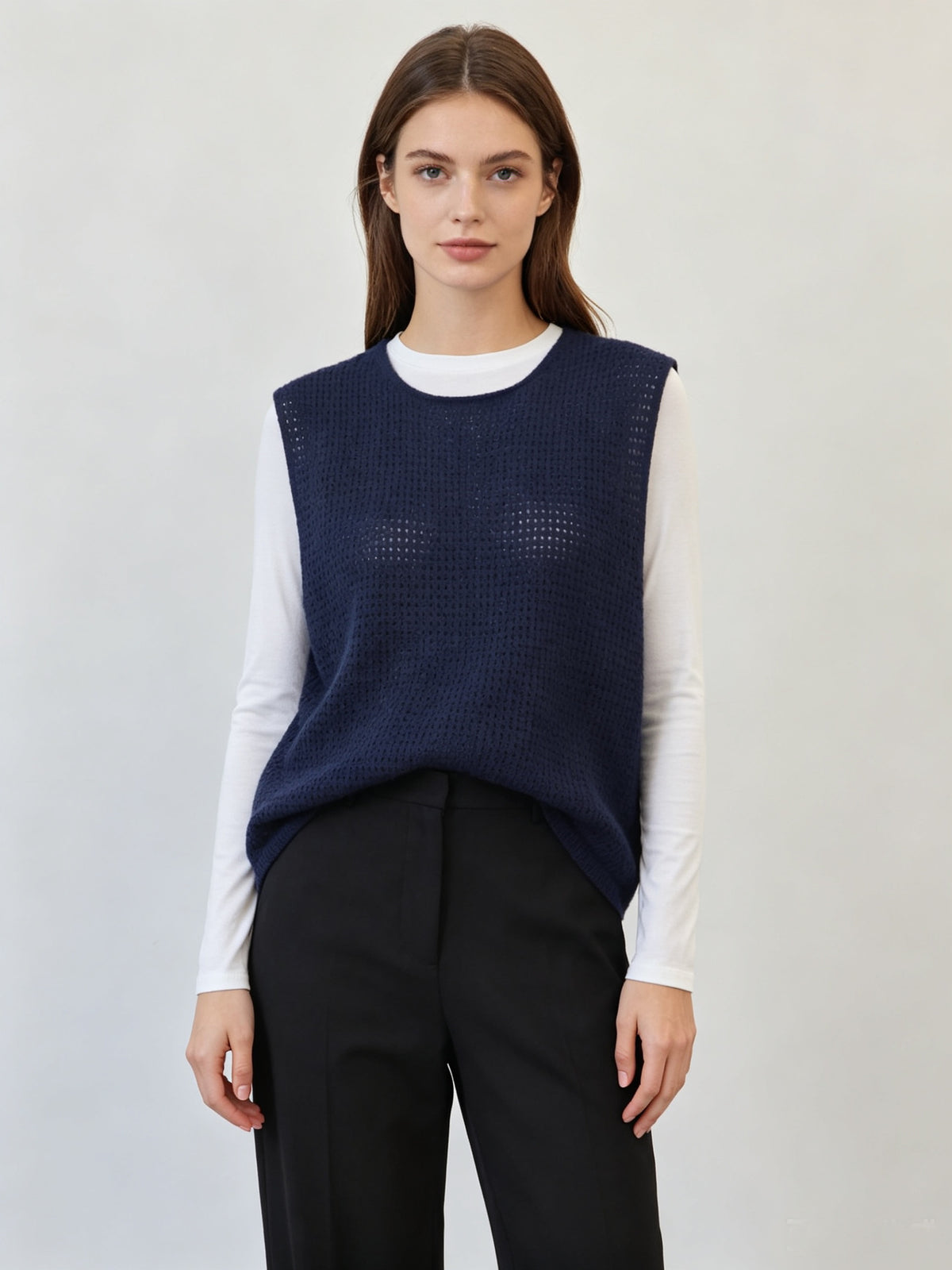 Women’s navy hollow-out lightweight knit sleeveless vest with round neck