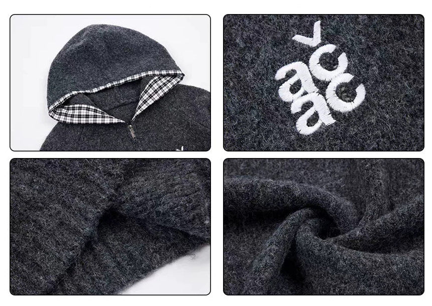 Gray hooded cardigan close-ups: plaid hood lining, chest emblem, knit texture