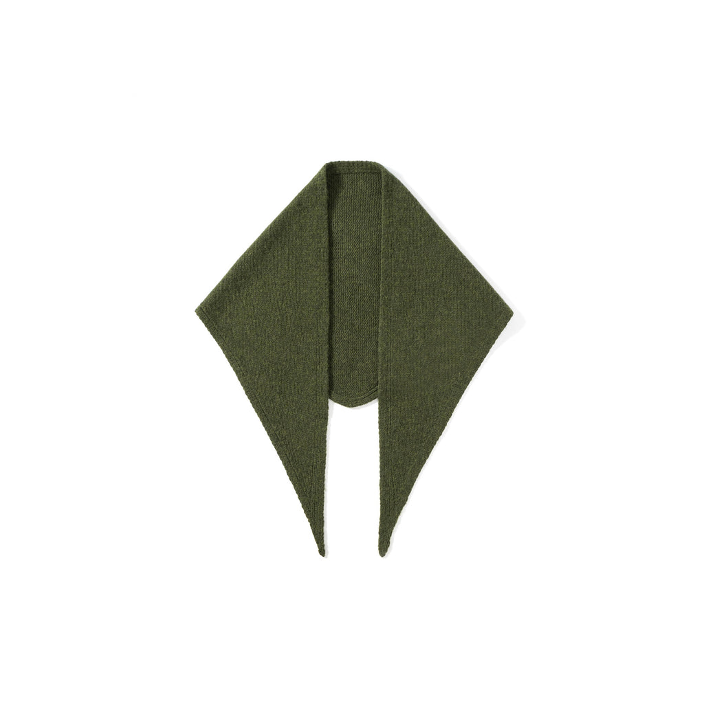 Wool triangle scarf for women in olive green fuzzy knit, pointed ends