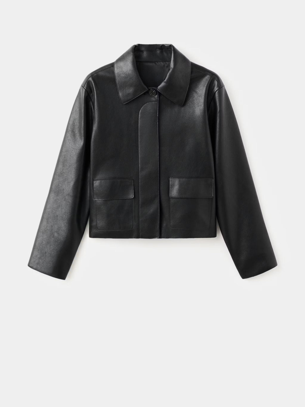 Black cropped faux leather jacket with stand collar, button front, and flap pockets