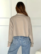 Cropped khaki trench jacket back view, stand collar, button placket