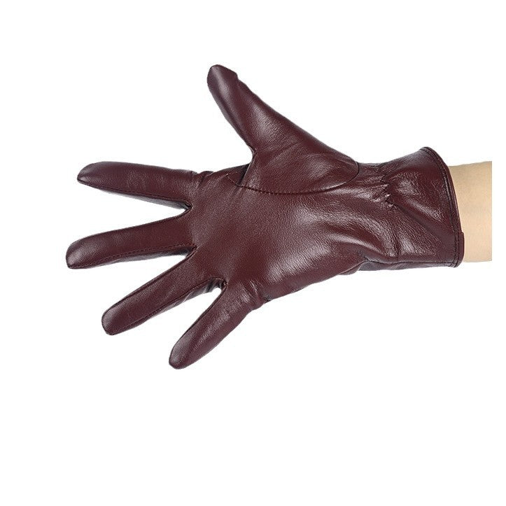 Women's maroon leather winter glove, fleece-lined, three-panel stitched design