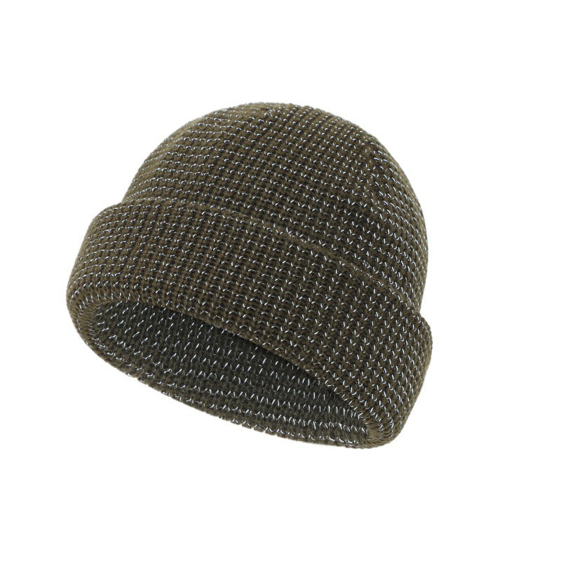 Army green reflective waffle-knit fisherman beanie with folded cuff