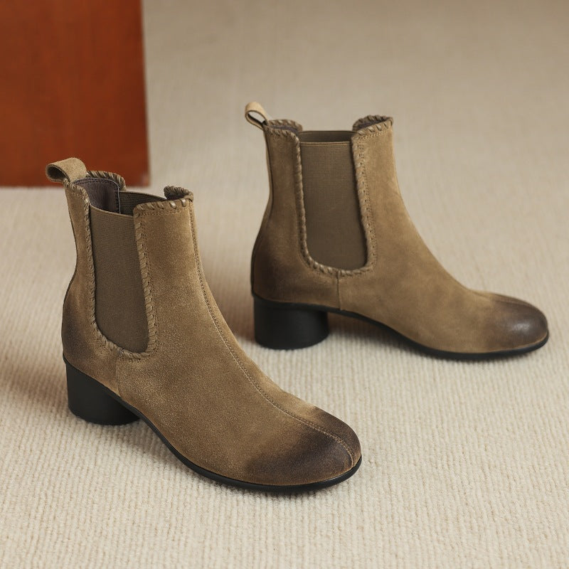 Women’s apricot suede ankle boots, elastic gore, chunky heel, slip-on style
