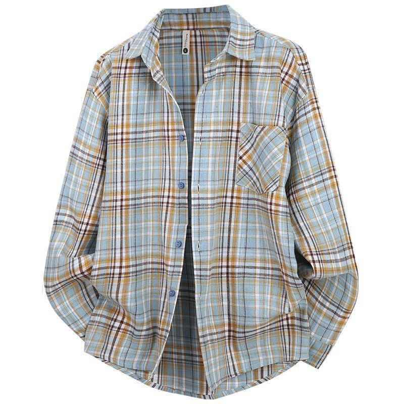 Women's light blue plaid button-down shirt with chest pocket and long sleeves