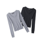 Women’s V-neck fitted sweater, fine knit, gray and black long-sleeve pullover