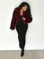 Burgundy shaggy faux fur cropped jacket with large lapel, open front