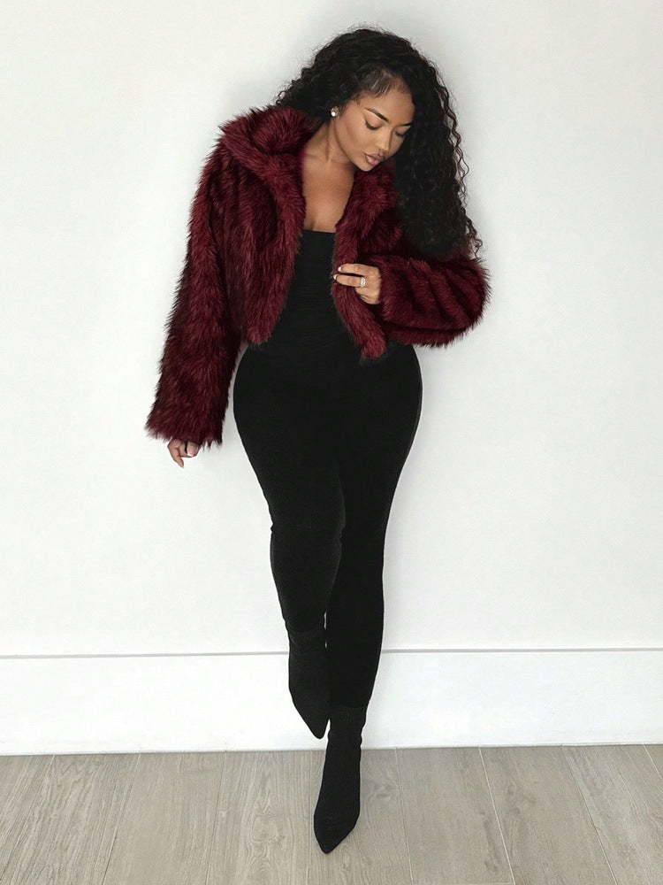 Burgundy shaggy faux fur cropped jacket with large lapel, open front
