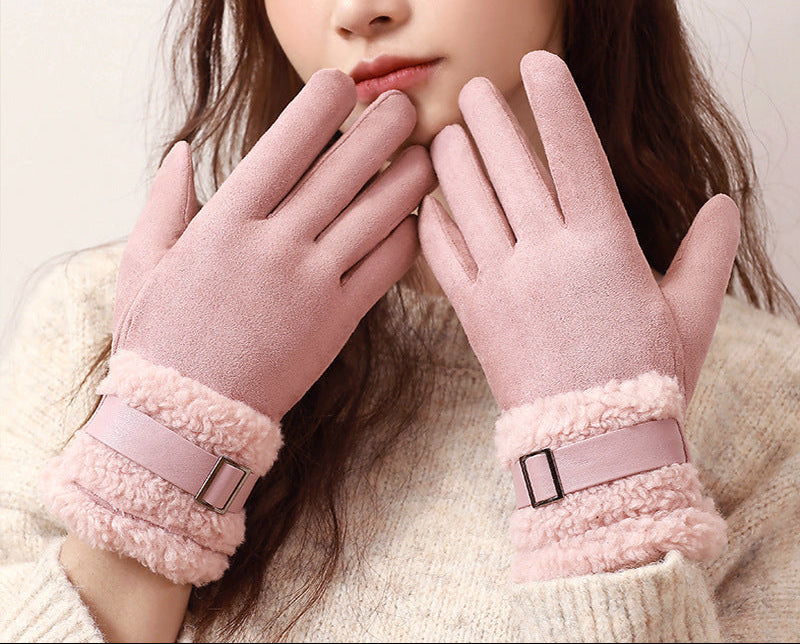 Women's pink suede winter gloves with fleece cuffs and square buckle wrist strap