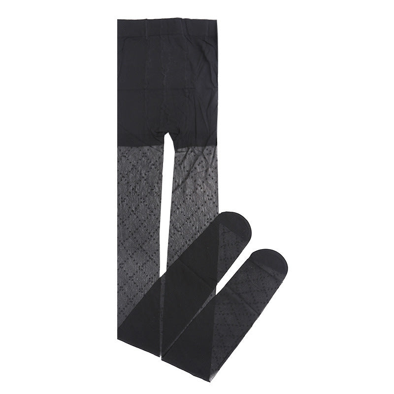 Folded black sheer tights with dotted stripe pattern on the legs