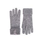 Gray knit touchscreen gloves with ribbed fold-over cuffs and bow embroidery