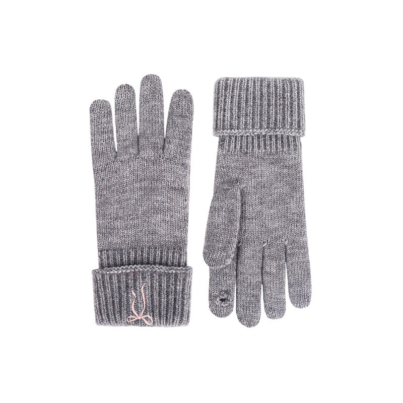 Gray knit touchscreen gloves with ribbed fold-over cuffs and bow embroidery