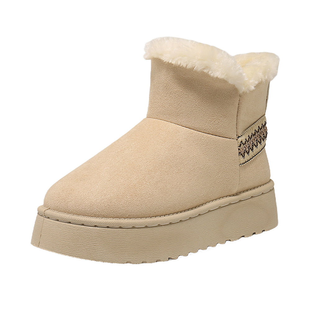 Beige platform snow boot in faux suede with white faux fur trim and slip-on ankle design
