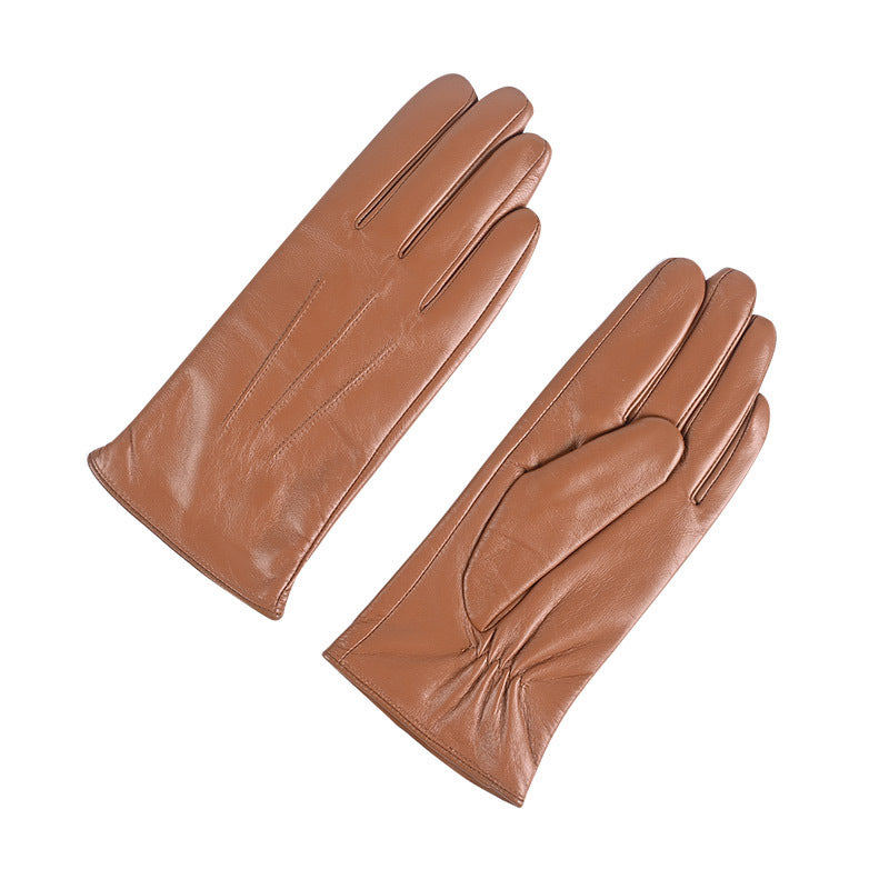 Women's tan leather winter gloves, fleece-lined, three-panel stitched design