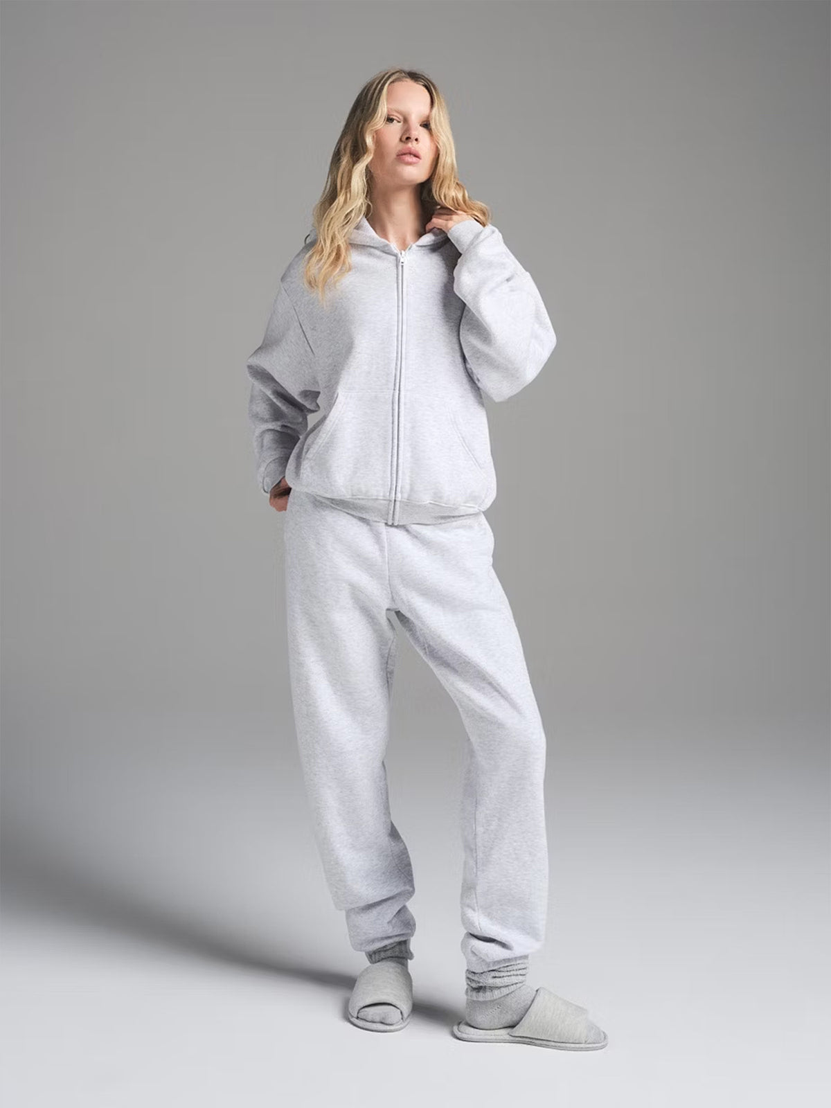 Women's zip-up hoodie and drawstring jogger sweatpants set, light gray