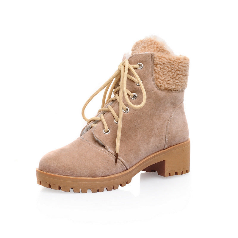 Tan lace-up ankle boot with sherpa cuff and chunky lug sole