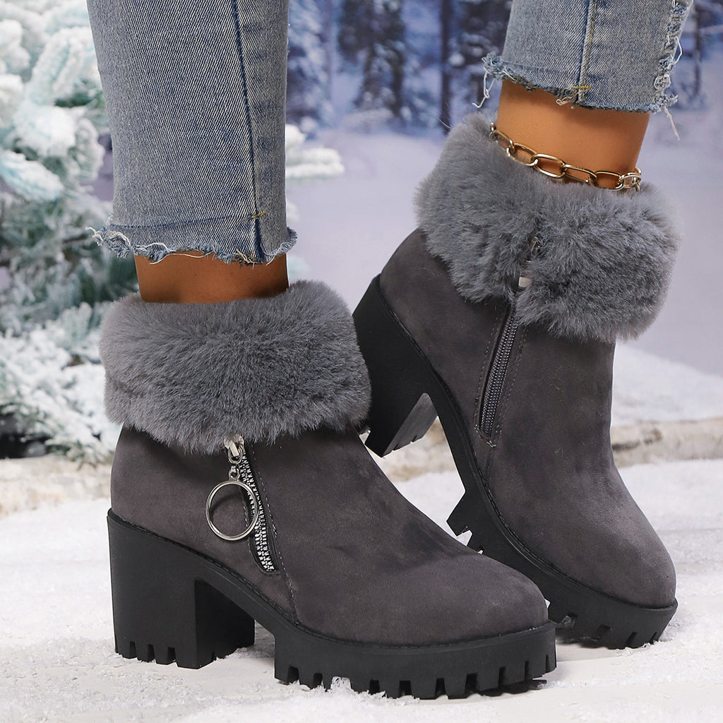 Dark gray ankle booties with faux fur cuff, side zip, chunky heel, lug tread sole