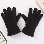 Dark fleece winter gloves with elastic gathered wrist cuffs, palm to fingers